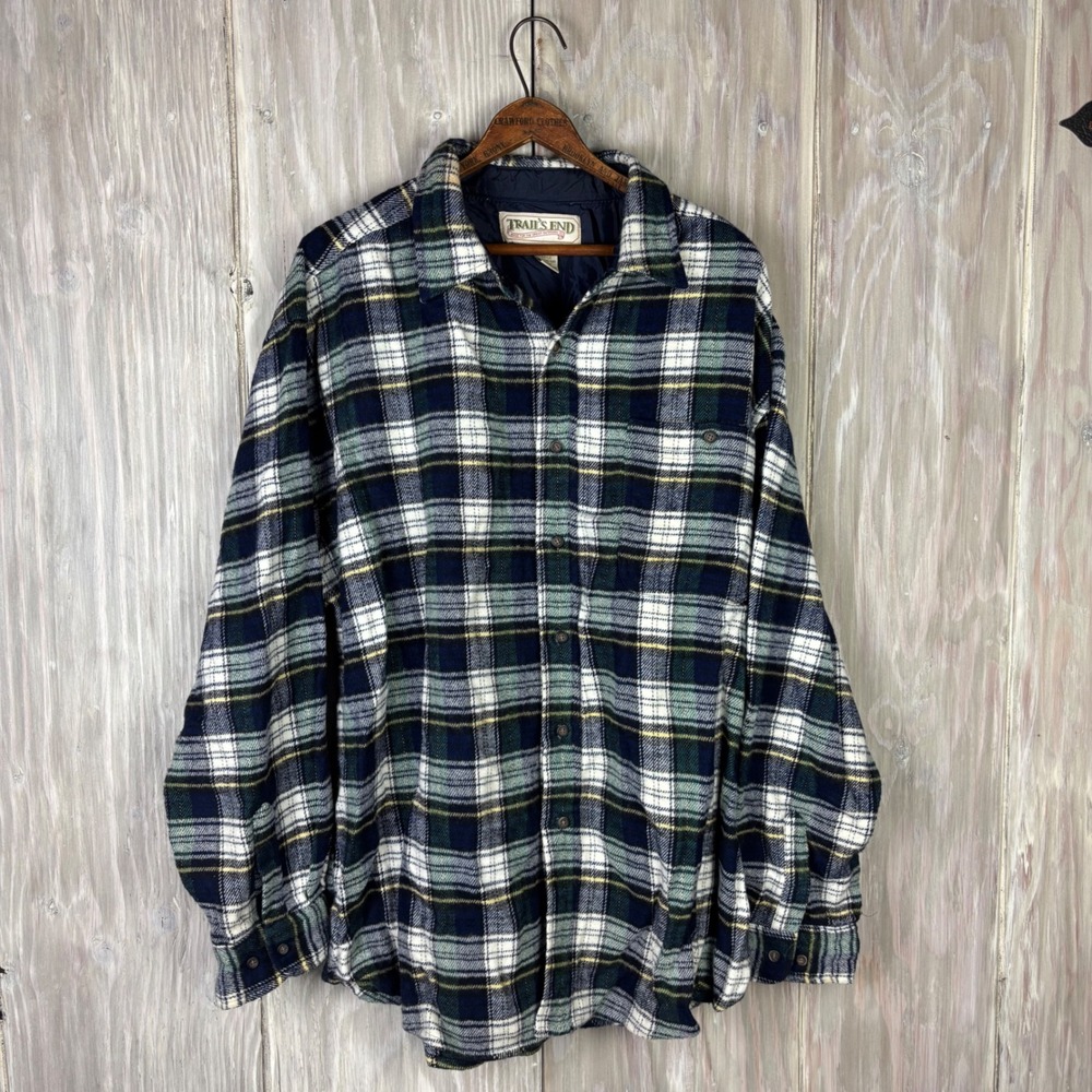 VTG Trails End Mens‎ XL Plaid Flannel Shirt Blue Green Yellow Acrylic Hong Kong